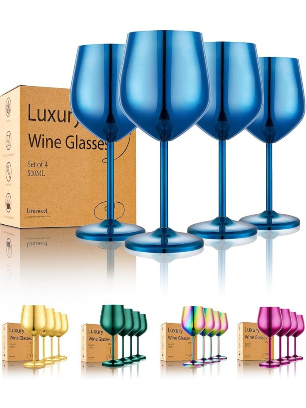 Unbreakable Stainless Steel Wine Glasses Set of 4 - Stylish & Durable, Blue
